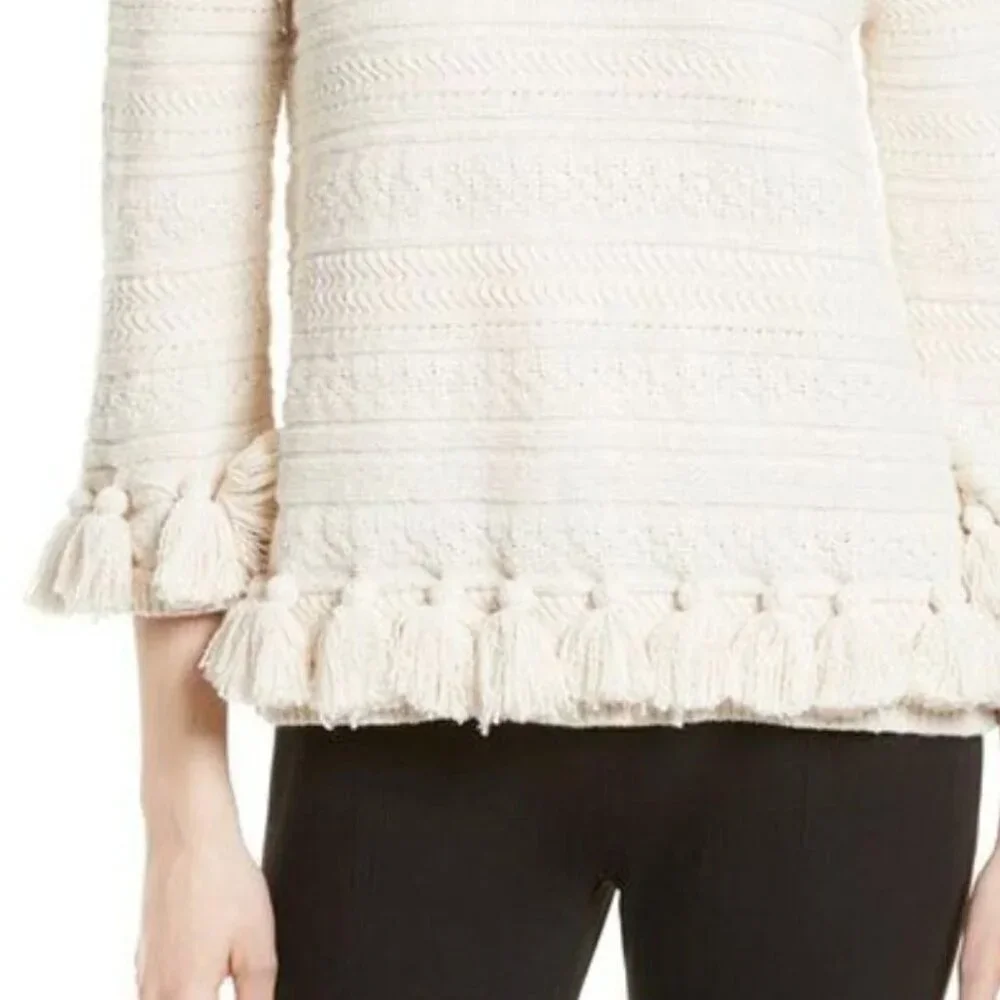 Kate Spade Womens Medium Beige Cotton Chunky Knit Sweater Pompom Hem Crewneck